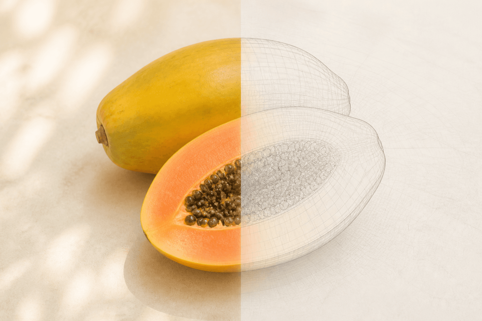 A papaya half photographed, half traced in fine wireframe lines