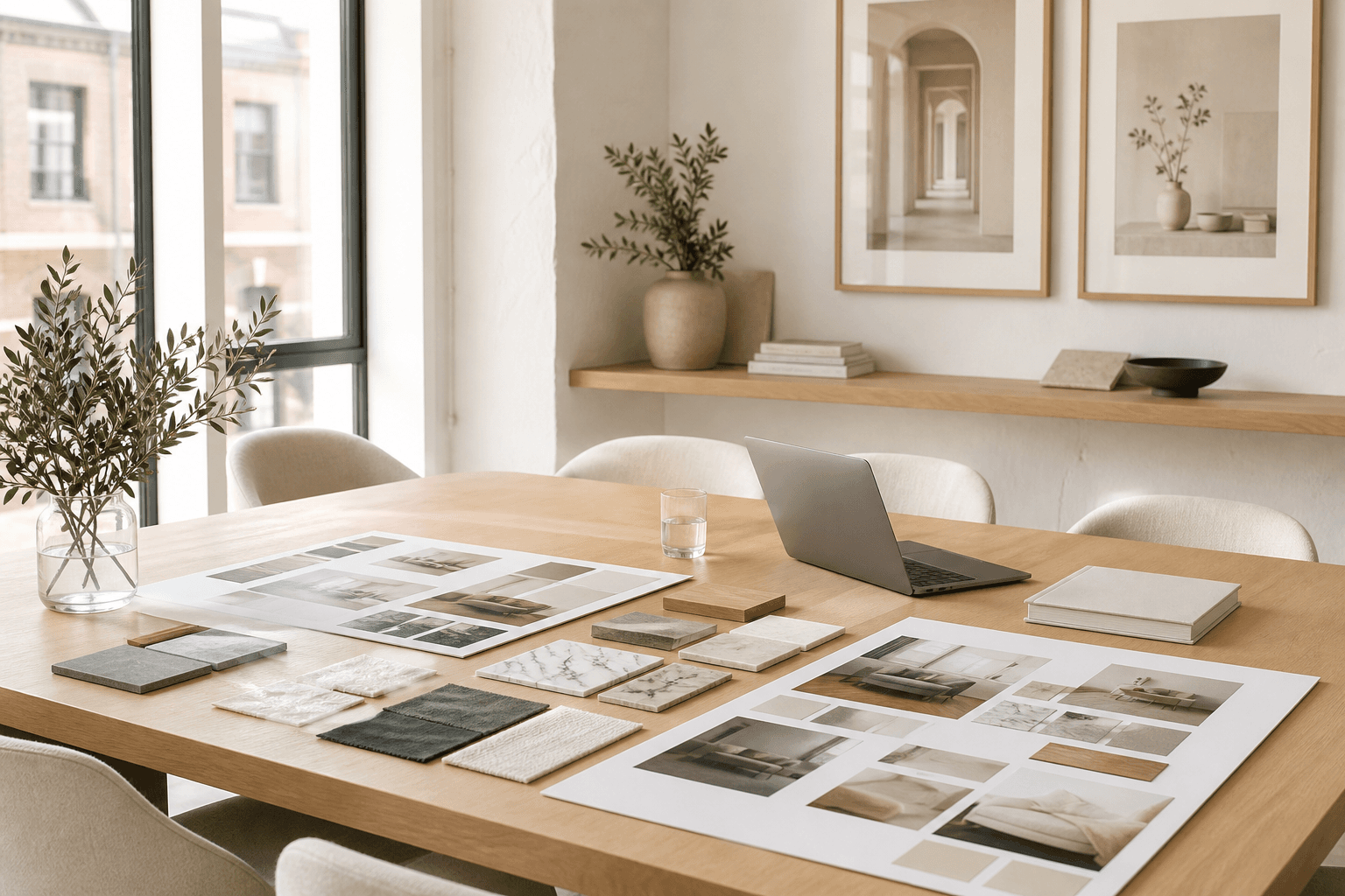 Bright meeting room with mood boards and material samples on an oak table