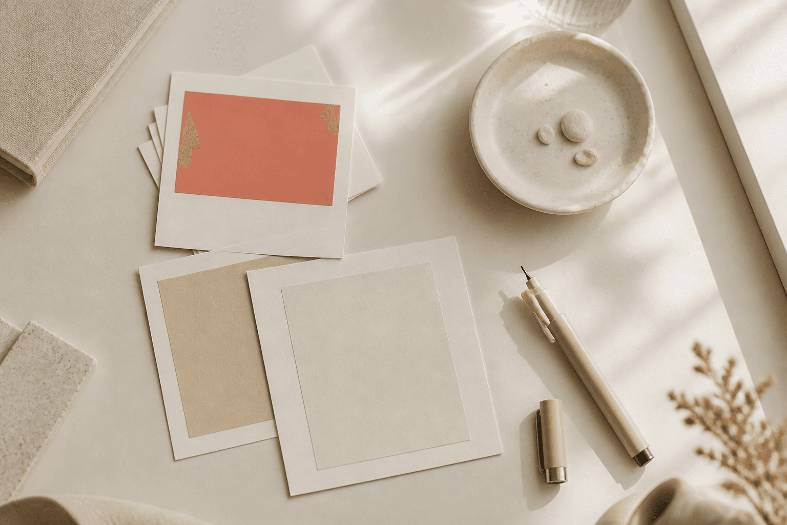 Colour swatches, paper cards and a pen laid out on a light desk