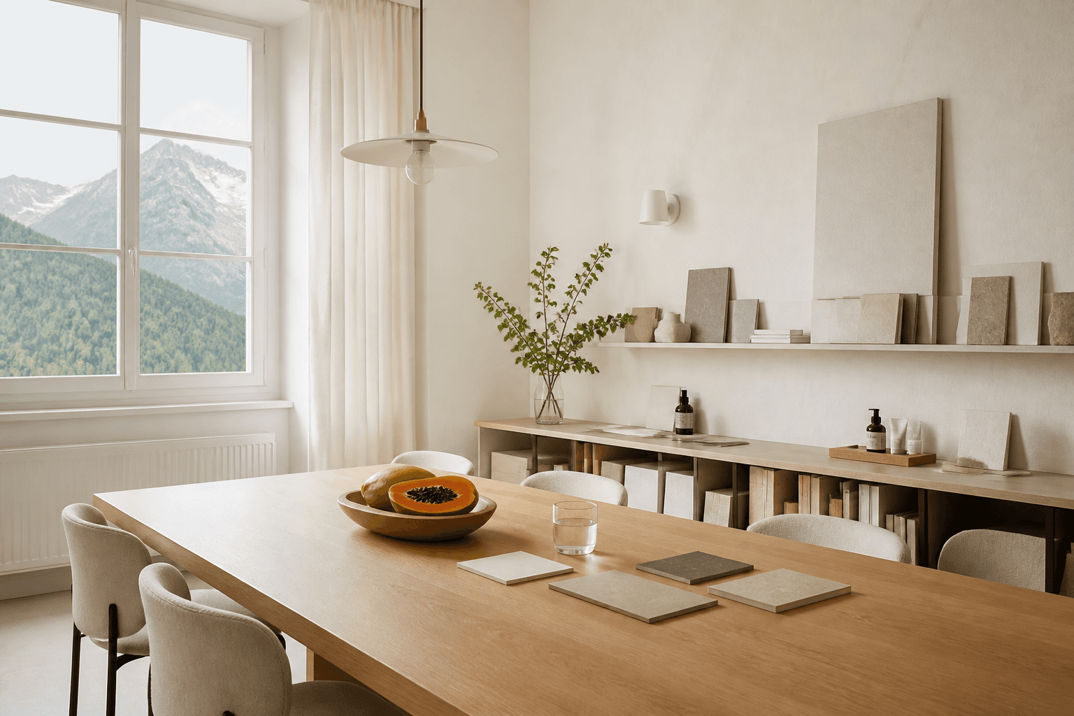 Bright consultancy studio with an oak table and a bowl of papaya